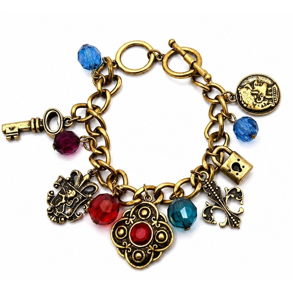 Vintage Gold Tone Fleur De Lis Charm Bracelet Key Lock Crystal Beads Toggle